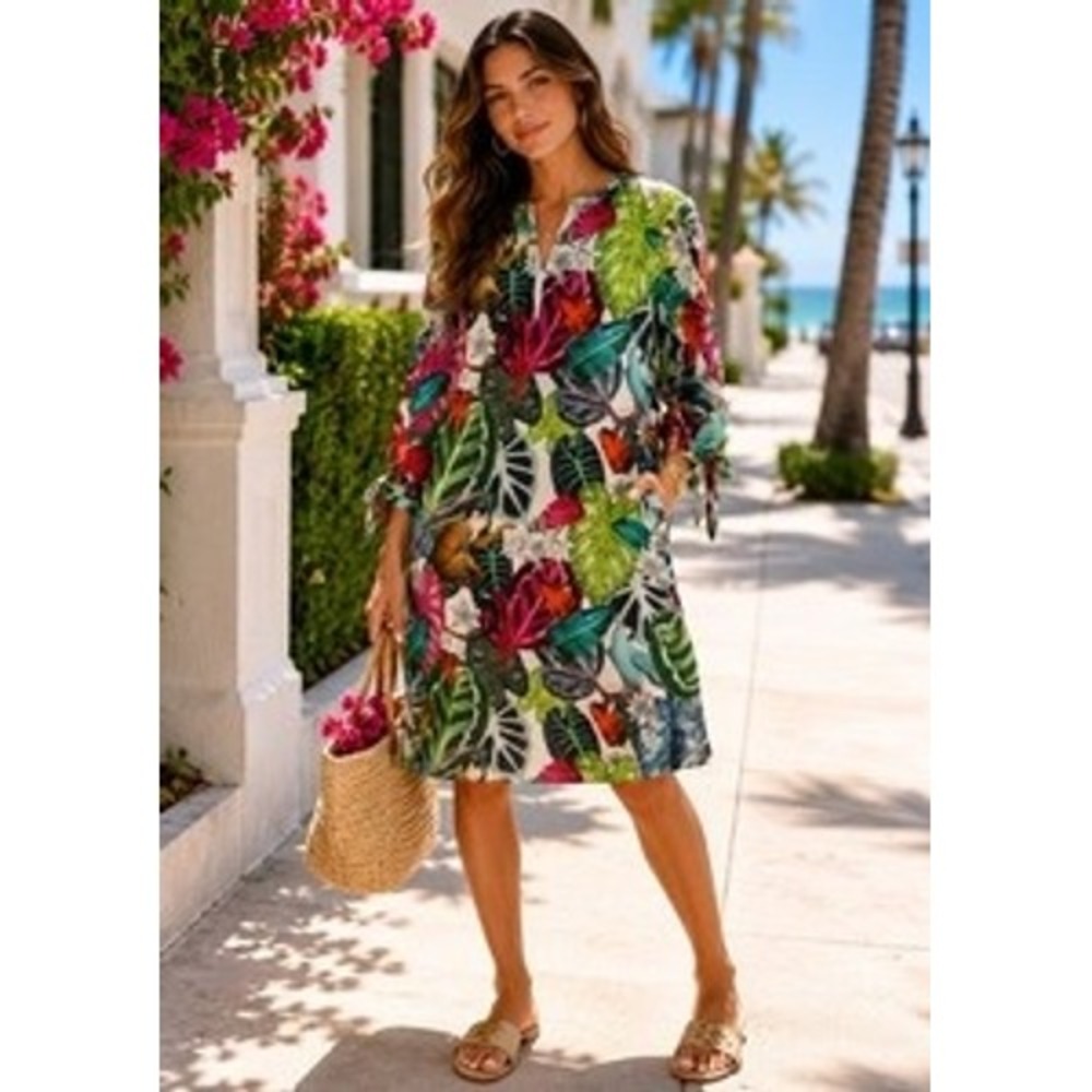 Vilagallo Tropical Monkey Jungle Print Shift Dress Tie Cuff Size 44 XL